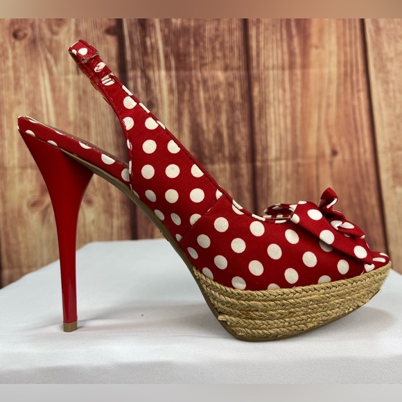 Red and white polka dot Bettie boop rockabilly platform high heeled shoes size 9 - Picture 8 of 17